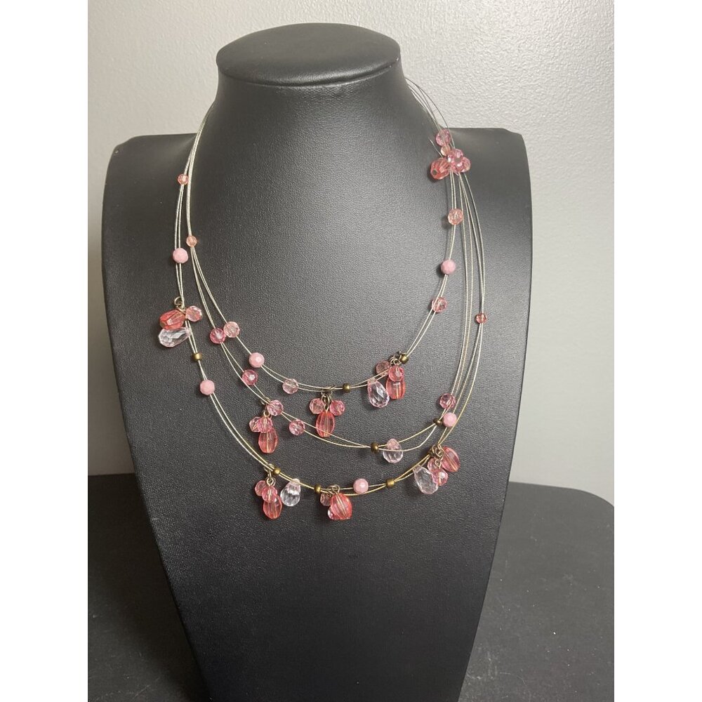 Pink Multi Strand Floating Cats Eye Station Beaded Necklace Adjustable